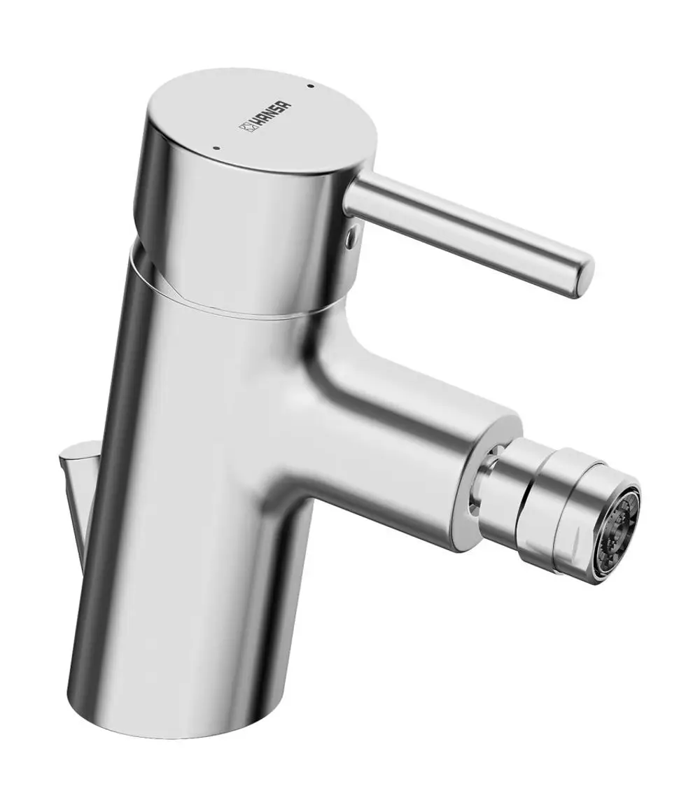 Einhebelmischer für ein Bidet aus Chrom mit einem seitlichen Hebel zur Wasserregulierung. HANSAs markentypisches Design ist gut erkennbar.